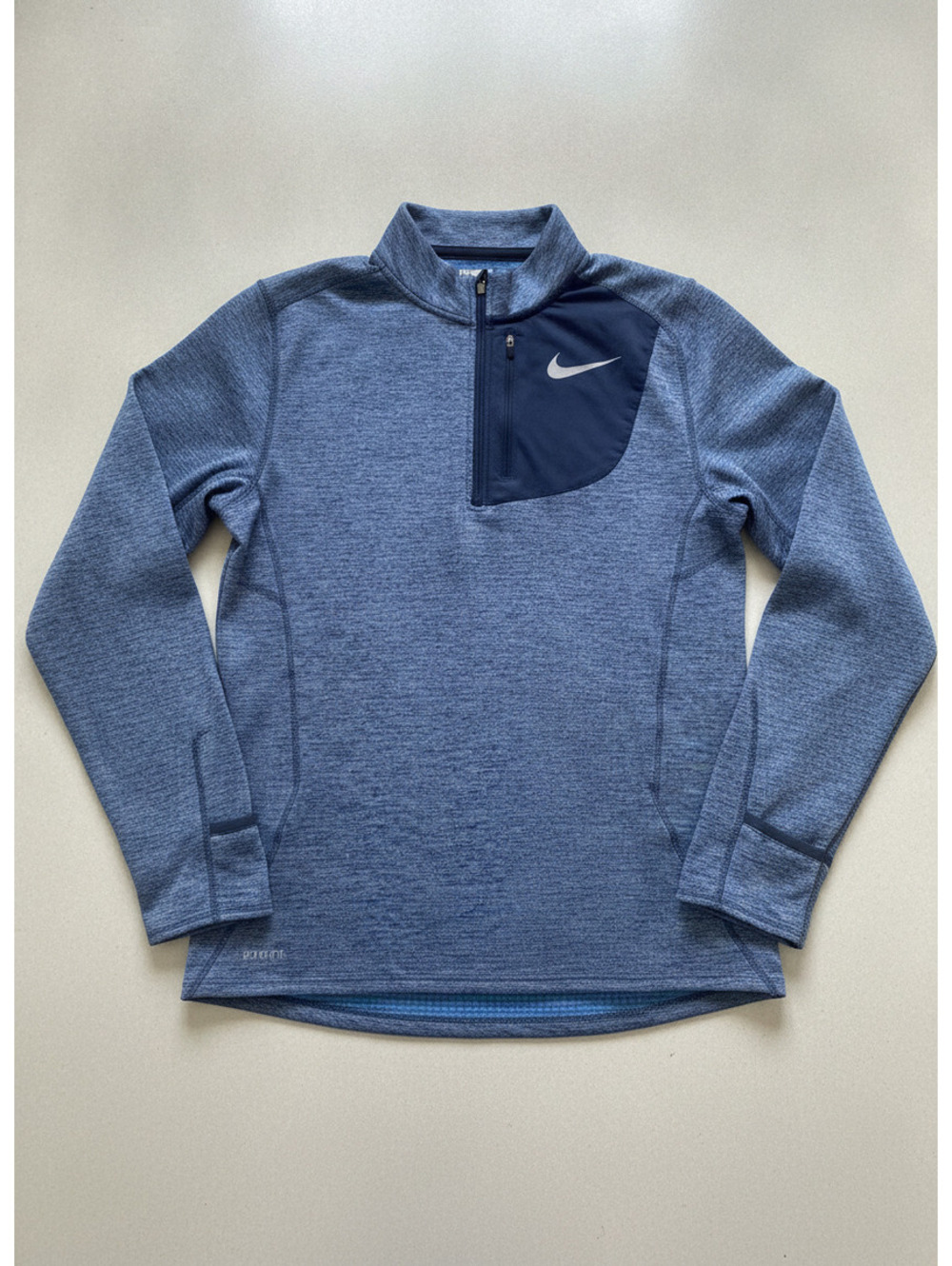 Nike Men's Blue Heathered Running Jacket with Navy Panel and Silver Swoosh, Size